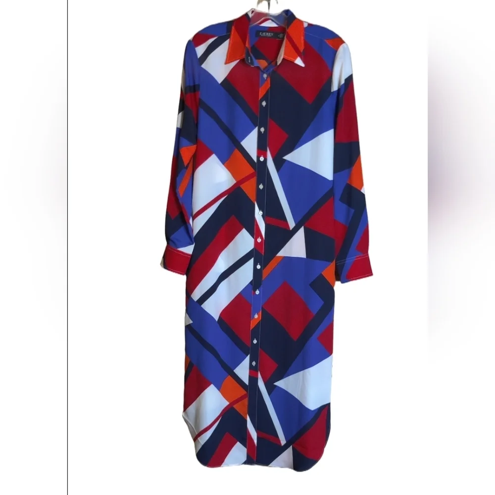 Ralph Lauren Red and Blue Casual Button Down Shirt with Geometric Pattern Size 4 - Picture 5 of 13